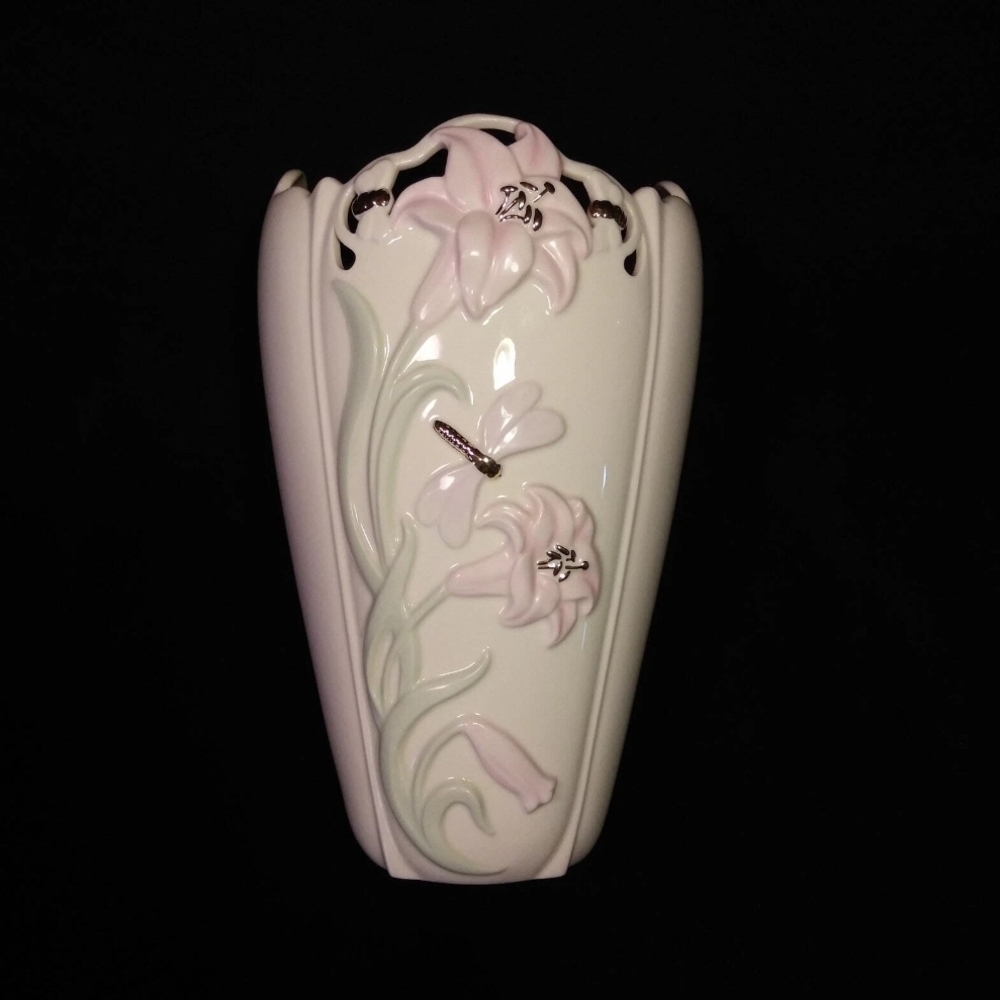 Vintage Lenox Art Nouveau Vase with Pink Lillies, 24kt Gold Dragonfly's And Trim